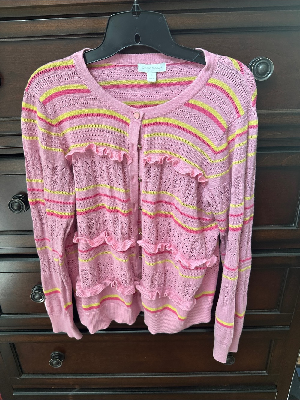Charter Club Pink Ruffle Stripe Cardigan with Yellow & White Stripes